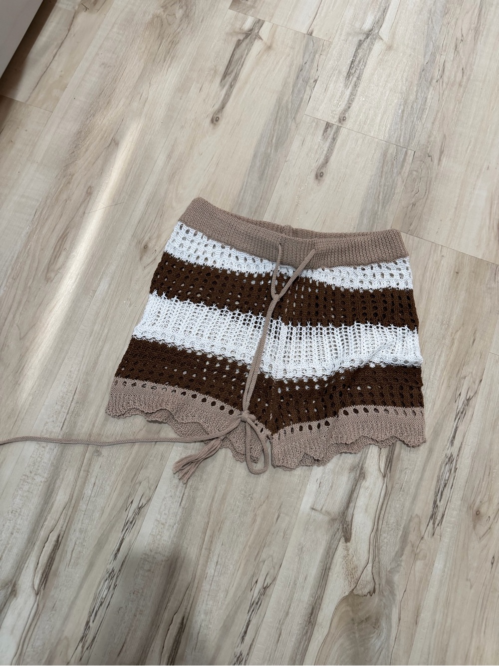 Knit Crochet Stripe Women’s Shorts in White and Brown
